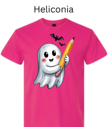 "Heliconia hot pink Gildan 3000 t-shirt with friendly cartoon ghost holding yellow pencil Halloween graphic"
