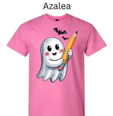 "Azalea bright pink Gildan 3000 t-shirt with cute ghost and pencil Halloween design with bats"