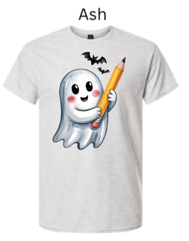 "Ash gray Gildan 3000 t-shirt with cute Halloween ghost pencil design and flying bats"