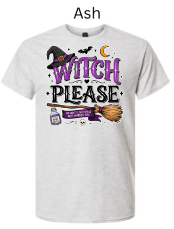 Ash grey Gildan 3000 Light Cotton t-shirt with "Witch Please" design featuring witch hat, broom, skull, potion bottle, and bats. Funny Halloween witch humor tee with tagline "I'm here to cast spells not impress you."