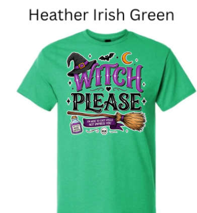 Heather Irish Green Gildan 3000 Light Cotton t-shirt with "Witch Please" witch design. Broom, skull, potion bottle, witch hat, and crescent moon in purple and black. Funny Halloween shirt.