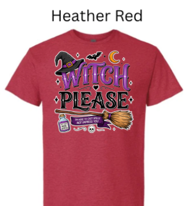 Heather Red Gildan 3000 Light Cotton t-shirt featuring the "Witch Please" design with witch hat, broom, skull, potion, and bats. Halloween humor tee with "I'm here to cast spells not impress you" banner.
