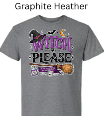 Graphite Heather Gildan 3000 Light Cotton t-shirt with "Witch Please" Halloween design. Witch hat, broomstick, potion bottle, skull, and bats in purple, black, and orange. DTF printed unisex tee.

