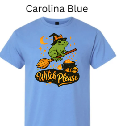 Carolina Blue Gildan 3000 Light Cotton t-shirt with "Witch Please" design featuring frog witch in a hat, broom, skull, and cauldron. Funny Halloween witch humor tee."