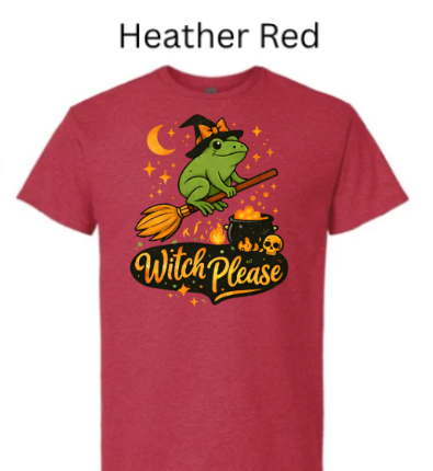 Heather Red Gildan 3000 Light Cotton t-shirt with "Witch Please" design featuring frog witch in a hat, broom, skull, and cauldron. Funny Halloween witch humor tee."
