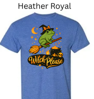 Heather Royal Gildan 3000 Light Cotton t-shirt with "Witch Please" design featuring frog witch in a hat, broom, skull, and cauldron. Funny Halloween witch humor tee."