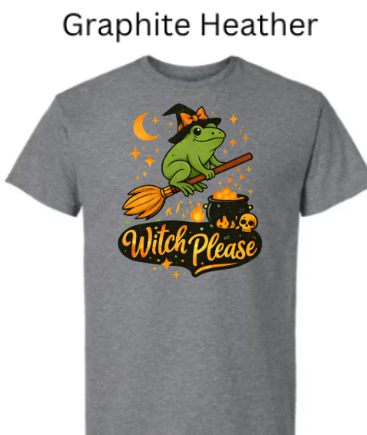 Graphite Heather Gildan 3000 Light Cotton t-shirt with "Witch Please" design featuring frog witch in a hat, broom, skull, and cauldron. Funny Halloween witch humor tee."
