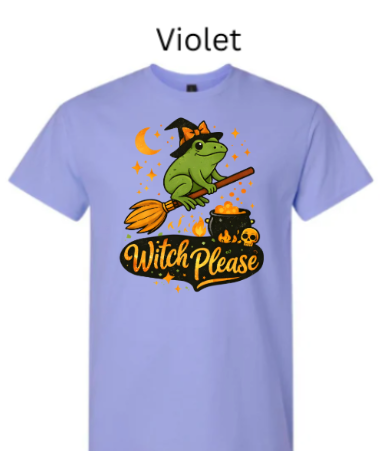 Violet Gildan 3000 Light Cotton t-shirt with "Witch Please" design featuring frog witch in a hat, broom, skull, and cauldron. Funny Halloween witch humor tee."