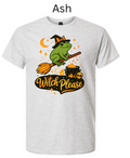 Ash grey Gildan 3000 Light Cotton t-shirt with "Witch Please" design featuring frog witch in a hat, broom, skull, and cauldron. Funny Halloween witch humor tee."