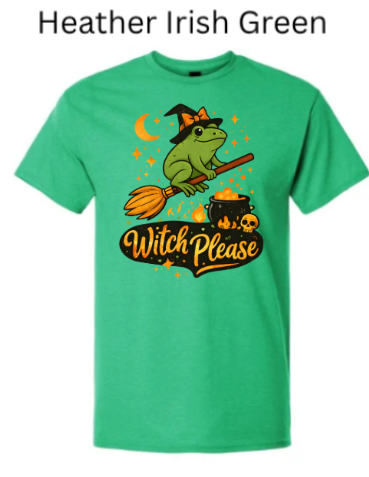 Heather Irish Green Gildan 3000 Light Cotton t-shirt with "Witch Please" design featuring frog witch in a hat, broom, skull, and cauldron. Funny Halloween witch humor tee."