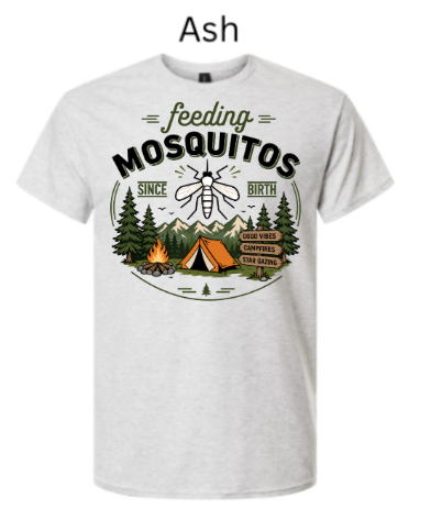 Ash grey Gildan 3000 Light Cotton t-shirt with "feeding MOSQUITOS SINCE BIRTH" mosquito camping design. Campsite scene with tent, campfire, pine trees, and mountains. DTF printed outdoor humor tee.

