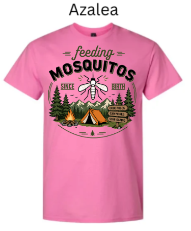 Pink Gildan 3000 Light Cotton t-shirt with "feeding MOSQUITOS SINCE BIRTH" mosquito and campsite design. Tent, campfire, trees, and mountains in circular border. Funny outdoor humor tee in pink.

