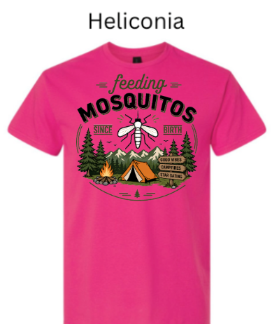 Heliconia (Hot Pink) Gildan 3000 Light Cotton t-shirt with "feeding MOSQUITOS SINCE BIRTH" mosquito and campsite design. Tent, campfire, trees, and mountains in circular border. Funny outdoor humor tee in Heliconia (Hot Pink).

