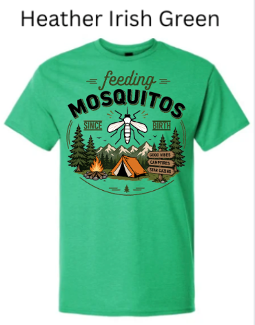 Heather Irish Green Gildan 3000 Light Cotton t-shirt with "feeding MOSQUITOS SINCE BIRTH" mosquito camping design. Tent, campfire, pine trees, and mountains in circular border. Outdoor humor tee.


