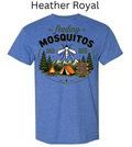 Heather Royal blue Gildan 3000 Light Cotton t-shirt featuring "feeding MOSQUITOS SINCE BIRTH" design. Mosquito hovering over campsite with tent, fire, and trees. Funny camping humor apparel.
