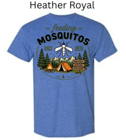Heather Royal blue Gildan 3000 Light Cotton t-shirt featuring "feeding MOSQUITOS SINCE BIRTH" design. Mosquito hovering over campsite with tent, fire, and trees. Funny camping humor apparel.