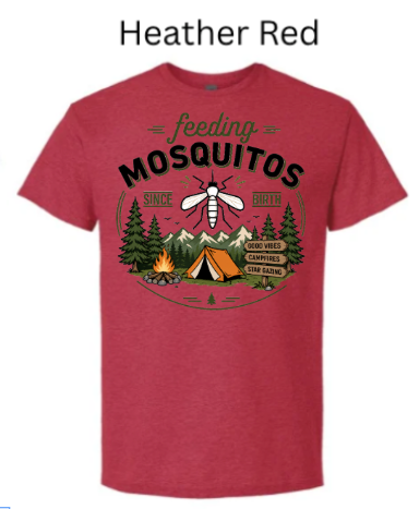 Heather Red Gildan 3000 Light Cotton t-shirt featuring "feeding MOSQUITOS SINCE BIRTH" design. Large mosquito over campsite with tent, campfire, and pine trees. Funny camping humor tee.