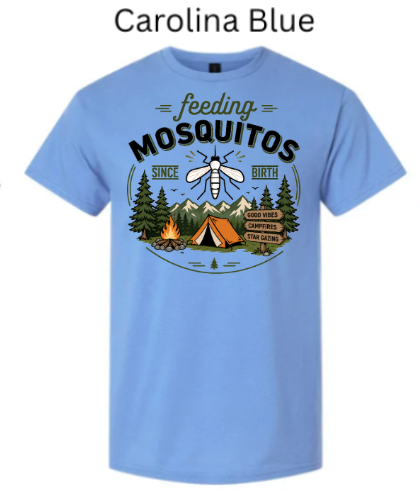 Carolina Blue Gildan 3000 Light Cotton t-shirt featuring "feeding MOSQUITOS SINCE BIRTH" design. Large mosquito over campsite with tent and campfire. Funny camping tee in light blue.