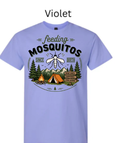 Violet Gildan 3000 Light Cotton t-shirt with "feeding MOSQUITOS SINCE BIRTH" design. Mosquito over campsite with tent, fire, trees, and trail signs. Camping humor tee in purple.

