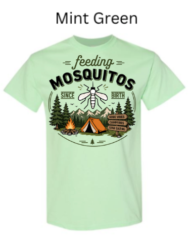 Mint green Gildan 3000 Light Cotton t-shirt with "feeding MOSQUITOS SINCE BIRTH" design. Large mosquito over campsite scene with tent and campfire. Funny camping shirt in mint.