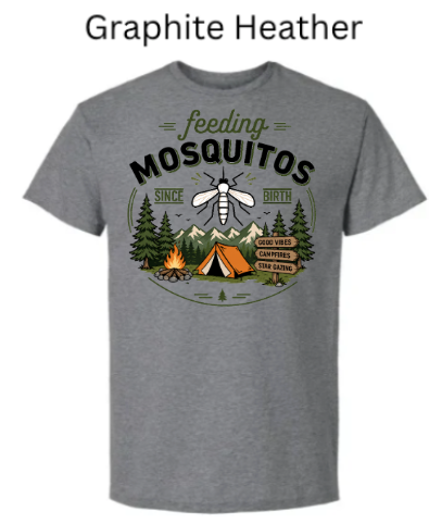 Graphite Heather Gildan 3000 Light Cotton t-shirt with "feeding MOSQUITOS SINCE BIRTH" mosquito camping design. Campsite scene with tent, fire, trees, and mountains. DTF printed outdoor humor shirt.