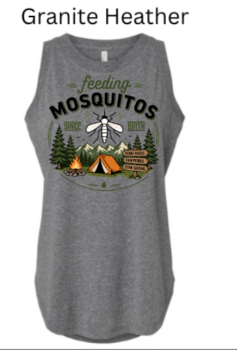 Women's Relaxed Fine Jersey Tank with "feeding MOSQUITOS SINCE BIRTH" mosquito and campsite design. Campfire, tent, trees, and mountains in circular border. Funny outdoor humor tank.