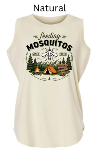 Women's Relaxed Fine Jersey Tank with "feeding MOSQUITOS SINCE BIRTH" mosquito and campsite design. Campfire, tent, trees, and mountains in circular border. Funny outdoor humor tank.