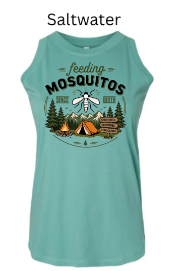Women's Relaxed Fine Jersey Tank with "feeding MOSQUITOS SINCE BIRTH" mosquito and campsite design. Campfire, tent, trees, and mountains in circular border. Funny outdoor humor tank.