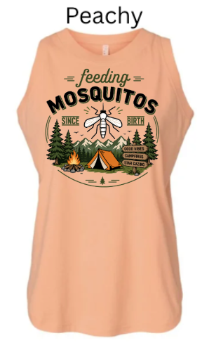 Women's Relaxed Fine Jersey Tank with "feeding MOSQUITOS SINCE BIRTH" mosquito and campsite design. Campfire, tent, trees, and mountains in circular border. Funny outdoor humor tank.
