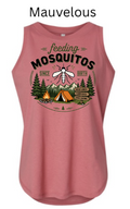Women's Relaxed Fine Jersey Tank with "feeding MOSQUITOS SINCE BIRTH" mosquito and campsite design. Campfire, tent, trees, and mountains in circular border. Funny outdoor humor tank.

