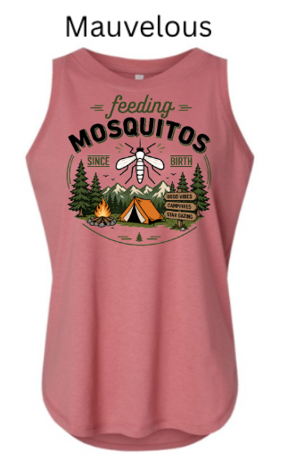 Women's Relaxed Fine Jersey Tank with "feeding MOSQUITOS SINCE BIRTH" mosquito and campsite design. Campfire, tent, trees, and mountains in circular border. Funny outdoor humor tank.

