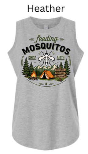 Women's Relaxed Fine Jersey Tank with "feeding MOSQUITOS SINCE BIRTH" mosquito and campsite design. Campfire, tent, trees, and mountains in circular border. Funny outdoor humor tank.
