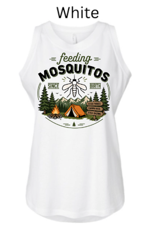 Women's Relaxed Fine Jersey Tank with "feeding MOSQUITOS SINCE BIRTH" mosquito and campsite design. Campfire, tent, trees, and mountains in circular border. Funny outdoor humor tank.