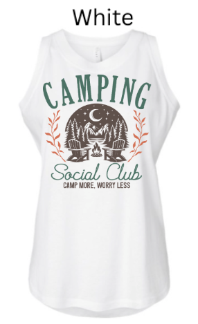 White  Women's Relaxed Fine Jersey Tank with "CAMPING Social Club" camping design. Pine trees, moon, and campfire in vintage badge layout with "Camp More. Worry Less." tagline.