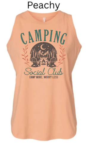 Peachy Women's Relaxed Fine Jersey Tank with "CAMPING Social Club" camping design. Pine trees, moon, and campfire in vintage badge layout with "Camp More. Worry Less." tagline.