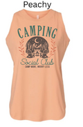 Peachy Women's Relaxed Fine Jersey Tank with "CAMPING Social Club" camping design. Pine trees, moon, and campfire in vintage badge layout with "Camp More. Worry Less." tagline.