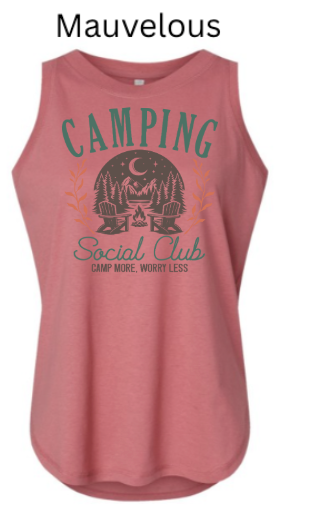  Mauvelous Women's Relaxed Fine Jersey Tank with "CAMPING Social Club" camping design. Pine trees, moon, and campfire in vintage badge layout with "Camp More. Worry Less." tagline.