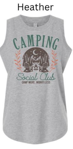Heather  Women's Relaxed Fine Jersey Tank with "CAMPING Social Club" camping design. Pine trees, moon, and campfire in vintage badge layout with "Camp More. Worry Less." tagline.