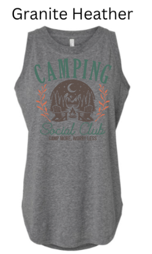 Granite Heather  Women's Relaxed Fine Jersey Tank with "CAMPING Social Club" camping design. Pine trees, moon, and campfire in vintage badge layout with "Camp More. Worry Less." tagline.