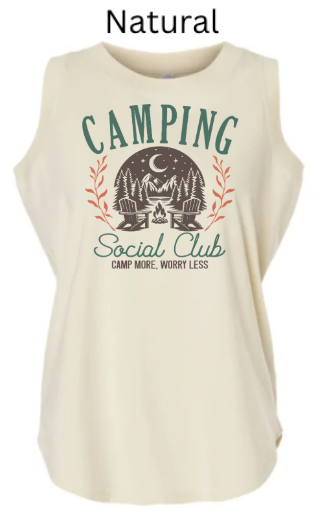 Natural  Women's Relaxed Fine Jersey Tank with "CAMPING Social Club" camping design. Pine trees, moon, and campfire in vintage badge layout with "Camp More. Worry Less." tagline.