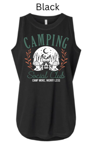 Black  Women's Relaxed Fine Jersey Tank with "CAMPING Social Club" camping design. Pine trees, moon, and campfire in vintage badge layout with "Camp More. Worry Less." tagline.