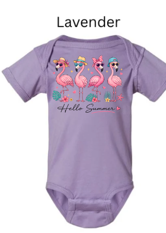 Hello Summer Flamingo Bodysuit | Baby Onesie | Flamingo Sunglasses Hat Design | Infant Summer Shirt | Sizes NB–24M & kids 2T-5T