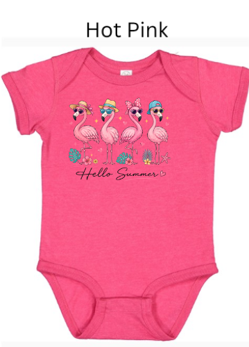 Hello Summer Flamingo Bodysuit | Baby Onesie | Flamingo Sunglasses Hat Design | Infant Summer Shirt | Sizes NB–24M & kids 2T-5T