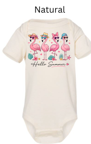 Hello Summer Flamingo Bodysuit | Baby Onesie | Flamingo Sunglasses Hat Design | Infant Summer Shirt | Sizes NB–24M & kids 2T-5T