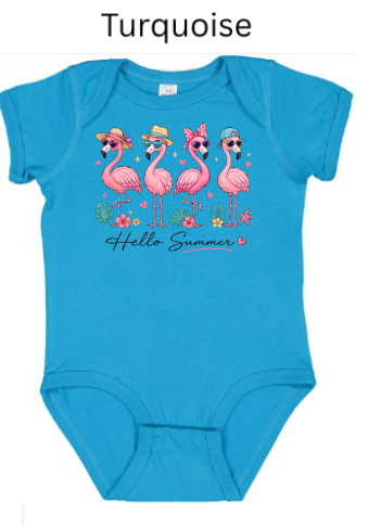 Hello Summer Flamingo Bodysuit | Baby Onesie | Flamingo Sunglasses Hat Design | Infant Summer Shirt | Sizes NB–24M & kids 2T-5T