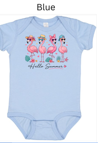 Hello Summer Flamingo Bodysuit | Baby Onesie | Flamingo Sunglasses Hat Design | Infant Summer Shirt | Sizes NB–24M & kids 2T-5T