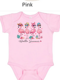 Hello Summer Flamingo Bodysuit | Baby Onesie | Flamingo Sunglasses Hat Design | Infant Summer Shirt | Sizes NB–24M & kids 2T-5T