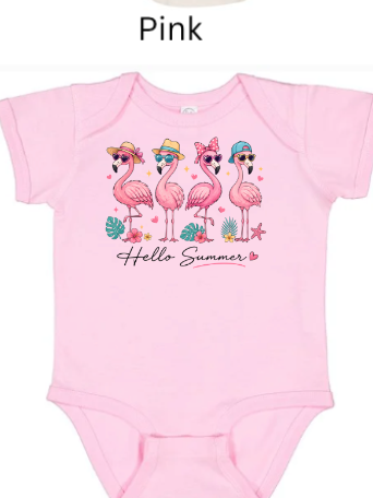 Hello Summer Flamingo Bodysuit | Baby Onesie | Flamingo Sunglasses Hat Design | Infant Summer Shirt | Sizes NB–24M & kids 2T-5T