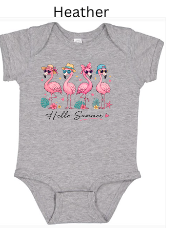 Hello Summer Flamingo Bodysuit | Baby Onesie | Flamingo Sunglasses Hat Design | Infant Summer Shirt | Sizes NB–24M & kids 2T-5T