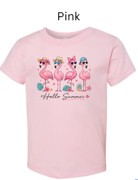 Hello Summer Flamingo Bodysuit | Baby Onesie | Flamingo Sunglasses Hat Design | Infant Summer Shirt | Sizes NB–24M & kids 2T-5T